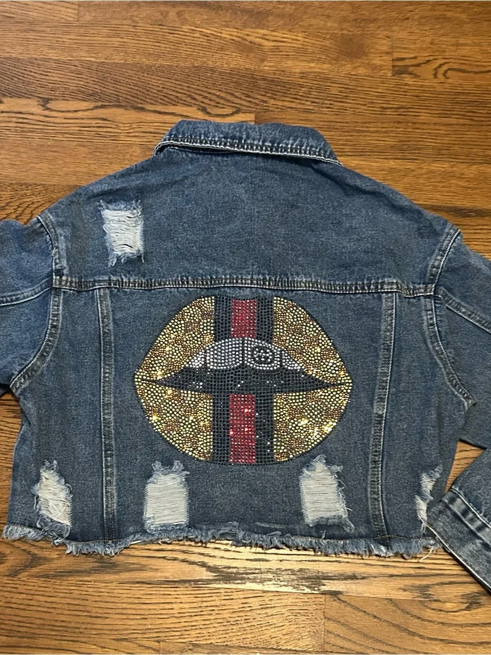 Embellished Rhinestone Lip Denim Jacket by designer XoxoE